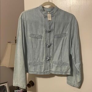 Neiman Marcus Blue Jean Jacket with Stand-Up Collar